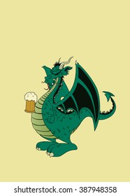 Green dragon with beer.Isolated vector illustration