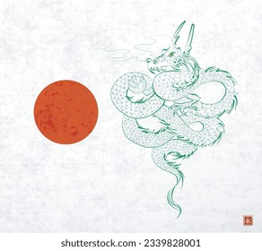 Green dragon and big red sun on rice paper background. Translation of hieroglyph - eternity. Symbol of the chinese new year 2024.