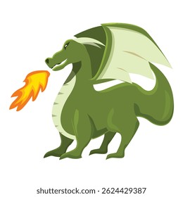 Green dragon breathing fire with large wings, a classic fantasy character
