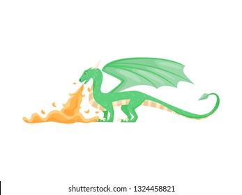 Green dragon breathing fire, side view. Fantastic animal with large wings, horns and long tail. Flat vector design