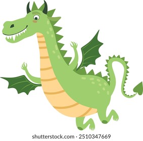 Green dragon cartoon icon. Kid fairytale creature