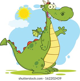 Green Dragon Cartoon Mascot Character Waving. Vector Illustration Isolated on white