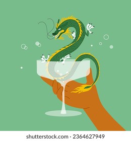 Green dragon in champagne saucer. Abstract vector illustration of happy new 2024 year. Human hand holding symbol of year in wine drink glass. Dragon party, celebration toast, card, Chinese zodiac sign