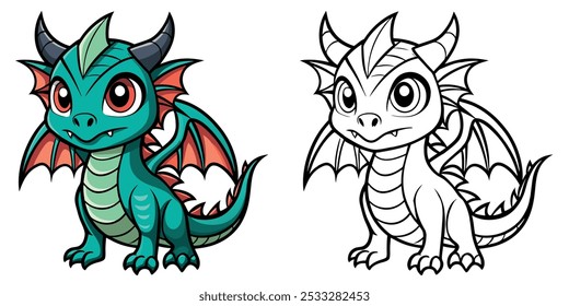 Green Dragon Coloring Book For Kids. Dragon Coloring Pages Printable Vector Illustration Design