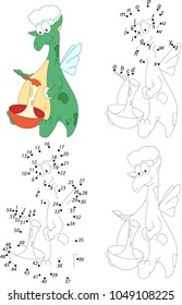 Green dragon cooking. Coloring book and dot to dot educational game for kids