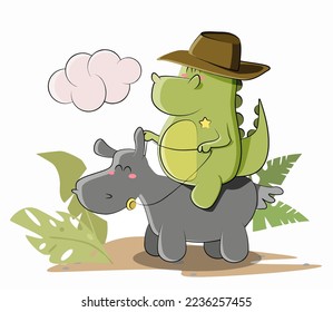 Green dragon cowboy riding horse sheriff in illustration