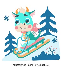 green dragon cub rides a sled down a hill. Vector illustrations for designs, prints, greeting cards and patterns. Cute fantastic character baby dragon 2024