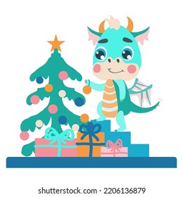 The green dragon dresses up the Christmas tree for Christmas and New Year. Vector illustrations for designs, prints, greeting cards and patterns. Cute fantastic character baby dragon 2024