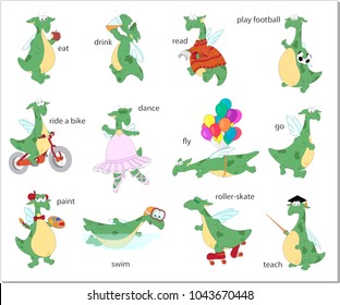 Green dragon eating, drinking, reading, playing football, riding a bike, dancing, flying, going, painting, swiming, roller-skating, teaching. English verbs in funny cartoon pictures