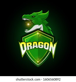 Green dragon esport logo design on a dark background.