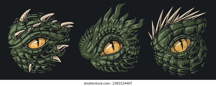 Green dragon eyes set labels colorful with fragments of face of fantastic beast with strong protective scales vector illustration