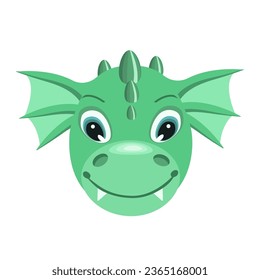Green dragon face,cartoon symbol of the year 2024,isolated on a white background.Vector portrait of a dragon for children's textiles.postcards, holiday designs.