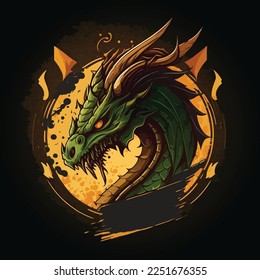 Dragón verde en ilustración de incendios, muestra diseño de mascota, plantilla de logotipo de juegos