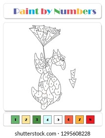 Green dragon flies down with umbrella. Color by number educational game for kids. Illustration for schoolchild and preschool