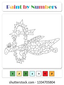 Green dragon flies through a fire circle. Color by number educational game for kids. Illustration for schoolchild and preschool