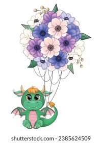 Green dragon and flying bouquet, new year card 2024 with dragon and flowers. Anemones, peonies, pansies, magnolia