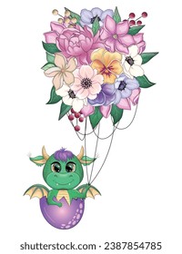 Green dragon and flying bouquet, new year card 2024 with dragon and flowers. Anemones, peonies, pansies, magnolia