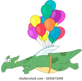 Green dragon flying on colored balloons. Funny cartoon illustration