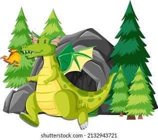 Green dragon in front of cave illustration