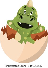 Green dragon is geting out of egg, illustration, vector on white background.