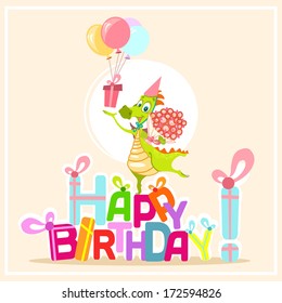 green dragon with a gift and a big bucket of roses on happy birthday background
