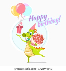 green dragon with a gift and a big bucket of roses on happy birthday background