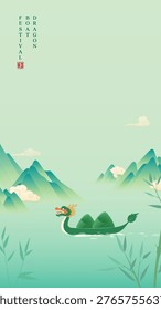 Green dragon glides through calm, misty waters. Mountains rise softly in background, serene and distant. Faint clouds drift above gentle peaks. Bamboo stalks frame the scene with natural grace