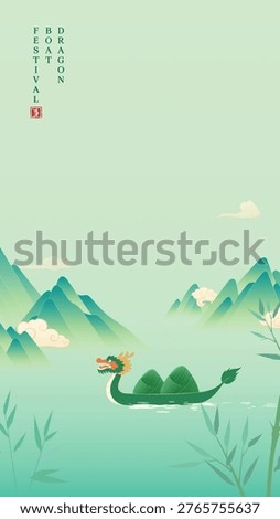 Green dragon glides through calm, misty waters. Mountains rise softly in background, serene and distant. Faint clouds drift above gentle peaks. Bamboo stalks frame the scene with natural grace