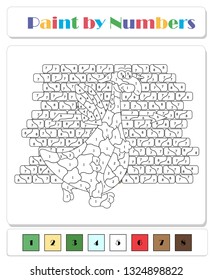 Green dragon going along the wall. Color by number educational game for kids. Illustration for schoolchild and preschool