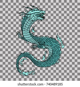 Green dragon, hand drawn vector sketch illustration. Transparent background
