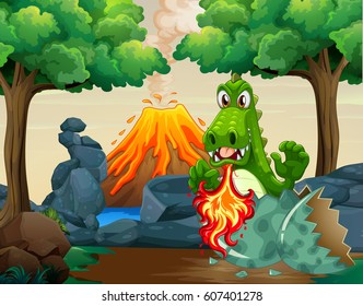 Green dragon hatching egg in forest illustration