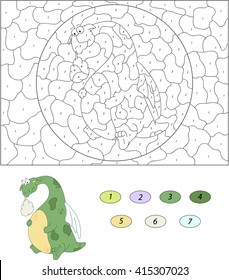 The green dragon have a stomach ache. Color by number educational game for kids. Illustration for schoolchild and preschool