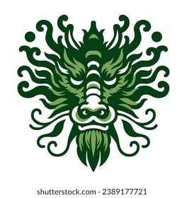 Green dragon head front view. Simple shaped dragon logotype or stamp. Asian culture symbol of a new 2024 year. Fantasy magic reptile creature. Fairy mythology silhouette of dragon. Vector.