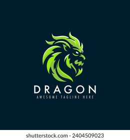 Green dragon head vector logo illustration. Mythical creature mascot emblem on dark blue background.