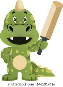 Green dragon is holding baseball bat, illustration, vector on white background.