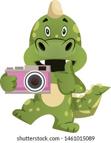 Green dragon is holding camera, illustration, vector on white background.