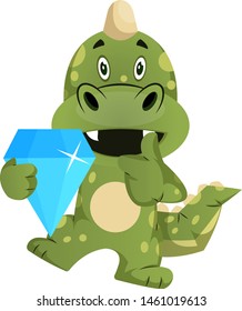 Green dragon is holding diamond, illustration, vector on white background.