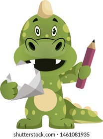 Green dragon is holding diamond and pencil, illustration, vector on white background.