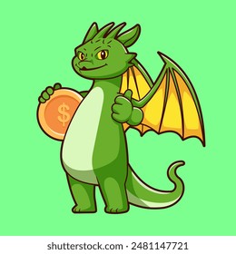Green Dragon Holding Gold Coin And Thumbs Up Cartoon Vector Icon Illustration. Animal Finance Icon Concept Isolated Premium Vector. Flat Cartoon Style