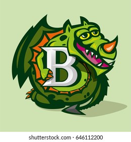 A green dragon is holding his hand a B letter.