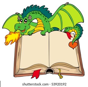 Green dragon holding old book - vector illustration.