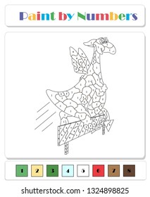 Green dragon jumping over the barrier. Color by number educational game for kids. Illustration for schoolchild and preschool