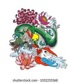 Green dragon with koi carp and cherry blossom on cloud..peach with peony and plum flower on cloud background.Traditional Japanese tattoo for print to t-shirt.