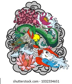 Green dragon with koi carp and cherry blossom on cloud..peach with peony and plum flower on cloud background.Traditional Japanese tattoo for print to t-shirt.