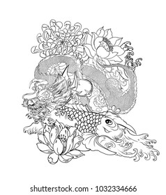 Green dragon with koi carp and cherry blossom on cloud..peach with peony and plum flower on cloud background.Traditional Japanese tattoo for print to t-shirt.