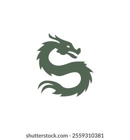 Green dragon logo. Simple mythical dragon icon. Fantasy dragon silhouette icon from the side. Stylish leviathan in Chinese style. Vector illustration.