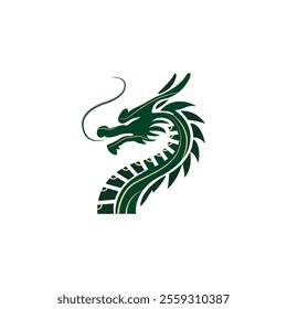 Green dragon logo. Simple mythical dragon icon. Fantasy dragon silhouette icon from the side. Stylish leviathan in Chinese style. Vector illustration.