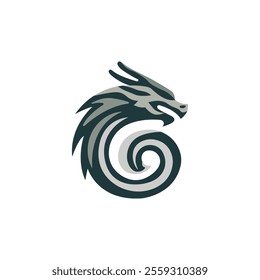 Green dragon logo. Simple mythical dragon icon. Fantasy dragon silhouette icon from the side. Stylish leviathan in Chinese style. Vector illustration.