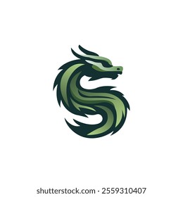 Green dragon logo. Simple mythical dragon icon. Fantasy dragon silhouette icon from the side. Stylish leviathan in Chinese style. Vector illustration.