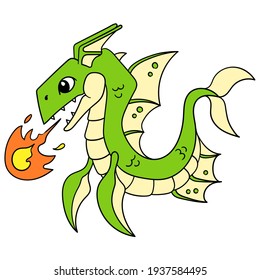 The green dragon mythological beast unleashed a fireball of its main ability, vector illustration art. doodle icon image kawaii.
